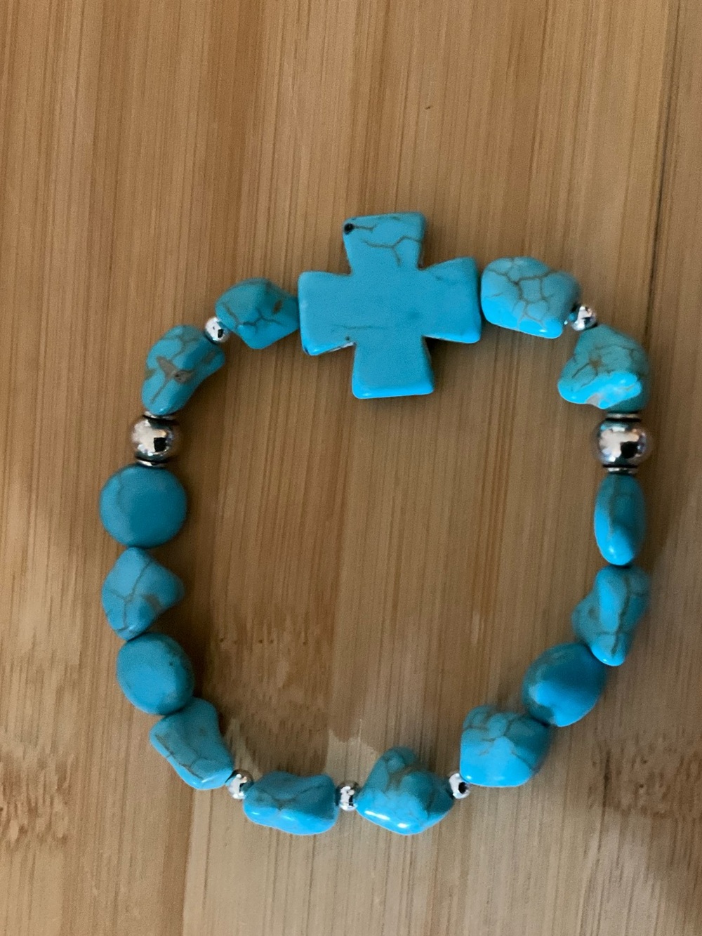 Hand Crafted Turquoise Cross Bead Stretch Bracelet with Silver Spacers